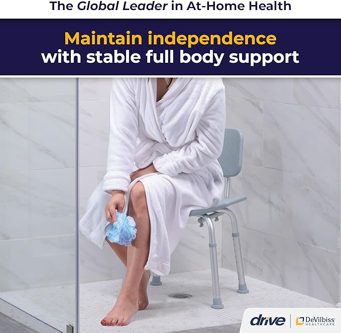 Drive Medical Shower Chair with Back - Adjustable Bathroom Bench - Suction Feet - Lightweight Durable Construction - Comfortable Contoured Seat - Grey