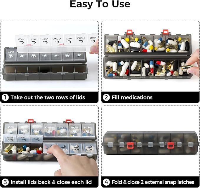 Foldable Pill Organizer Weekly 2 Times a Day, 7 Day Portable AM PM Travel Pill Case with Black&White Labels, Dual-Protection Daily Medicine Box, Large Pill Container for Vitamin/Supplement-Clear Black