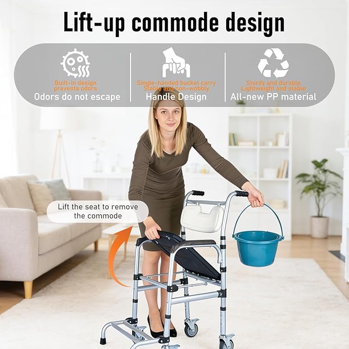 Shower Chair with Wheels Aluminum Alloy 4 in 1 Foldable Height Adjustable Shower Wheelchair, Sturdy Rolling Shower Chair with Large Commode for Seniors (White)