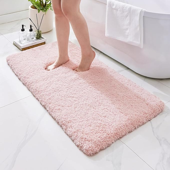 Bathroom Rugs Non Slip Washable 48x24, Ultra Thick Soft Microfiber Absorbent Bath Mats, High Density Foam Latex Non Slip Backing Bath Rugs, Fluffy Floor Carpet for Tub&Shower, Pink