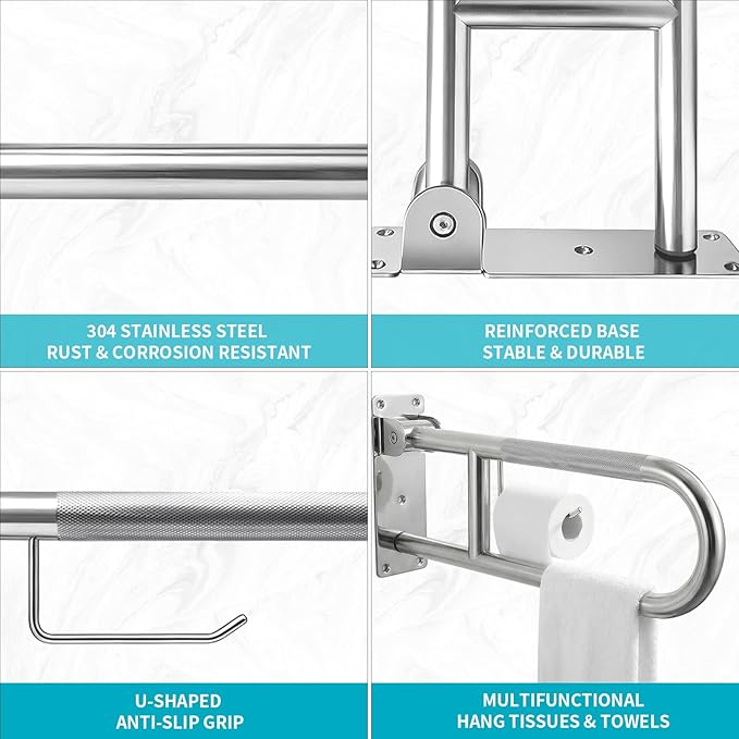U-Shaped Toilet Grab Bar, Flip-Up Bathroom Safety Rail with Paper Holder, Wall Mounted Anti-Slip Support Handle for Elderly, Disabled & Post-Surgery Assistance (Brushed Nickel, 30 Inch)