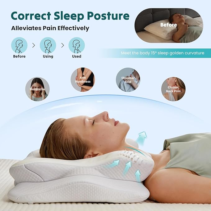 DUMOS Cervical Pillow for Neck and Shoulder, Contour Memory Foam Pillow, Ergonomic Neck Support Pillow for Side Back Stomach Sleepers with Pillowcase