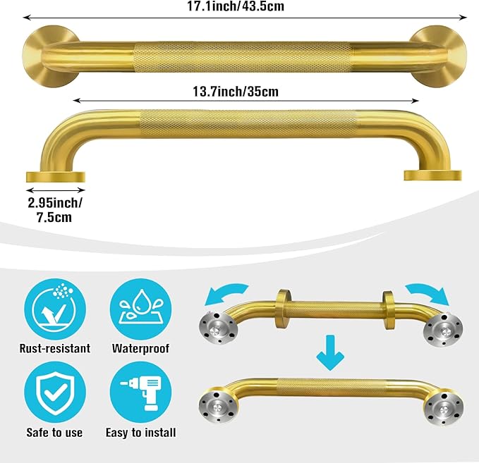 Shower Grab Bar for Bathroom, Anti-Slip Safety Grab Bar for Bathtub Toilet Staircase Stainless Steel Textured Grip Bath Handle Handrail for Elderly (Oil Bronze Gold, 16" L x 1-1/4" D)