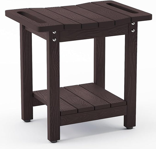 LUE BONA Shower Bench Stool, HDPS Shower Benches for Inside Shower with Shelf, Waterproof Shower Chair Foot Stool for Spa Bathroom, Weather Resistant/Non-Slip/Handles/Indoor or Outdoor Use, Espresso