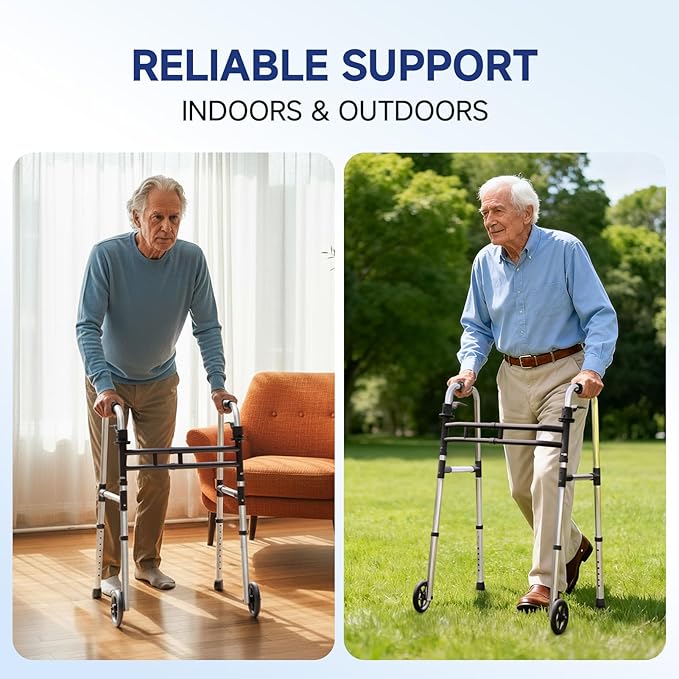 Loyoda Walkers for Seniors Foldable, Aluminum Lightweight Walker with Wheels, Adjustable Height & Width Standard Walkers for Elderly & Disabled, 350 lbs Capacity, Silver
