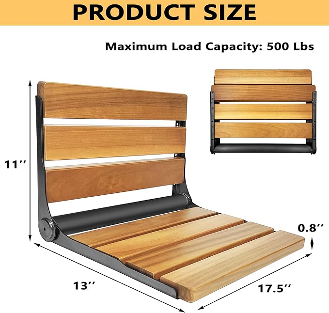 Folding Shower Seat Teak, Bath Safety Furniture Stainless Steel, Shower Seats for Elderly, Fold Down Shower Seat (Black)