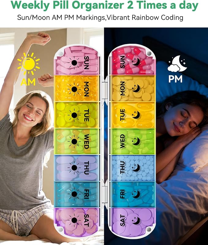 Foldable Weekly Pill Organizer 2 Times a Day - Magnetic Moisture-Proof 7 Day Pill Box AM PM, Portable Travel Medicine Organizer with Removable Lids for Vitamins, Supplements and Fish Oils