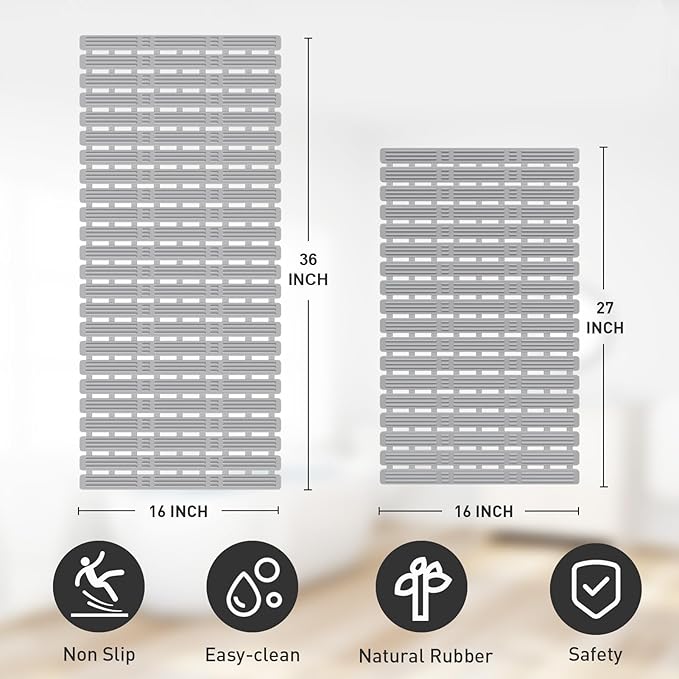 XIYUNTE Shower Mat Non Slip Bathtub Mat, 36 x 16 inches Rubber Bath Mat for Tub Non Slip Shower Mats for Inside Shower with Powerful Suction Cups and Drain Holes, Easy to Cut, Light Grey