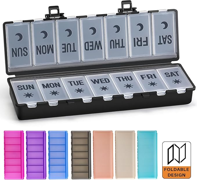 Foldable Pill Organizer 2 Times a Day w/Etched Labels -Dual Protection & Portable Weekly AM PM Pill Box, 7 Day Medicine Container, Large Travel Pill Case for Week Daily Supplement Vitamin - Black