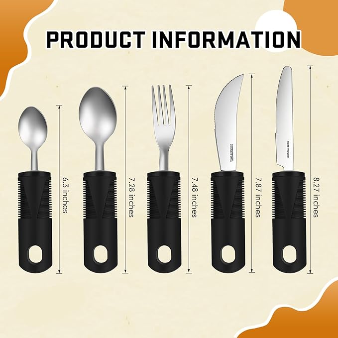 Uiifan 2 Set (10 Pcs) Adaptive Utensils for Hand Tremors, Elderly, Arthritis, Parkinsons Stainless Steel Easy Grip Handles Non Weighted Built up Utensils for Adults Hands Tremors Elderly, Black