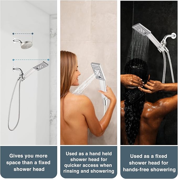 BRIGHT SHOWERS Handheld Shower Head Set High Pressure Hand Held Showerhead with 60 Inch Flexible Shower Hose and Adjustable Shower Arm Mount Bracket, 3 Spray Settings Shower Wand, Brushed Nickel
