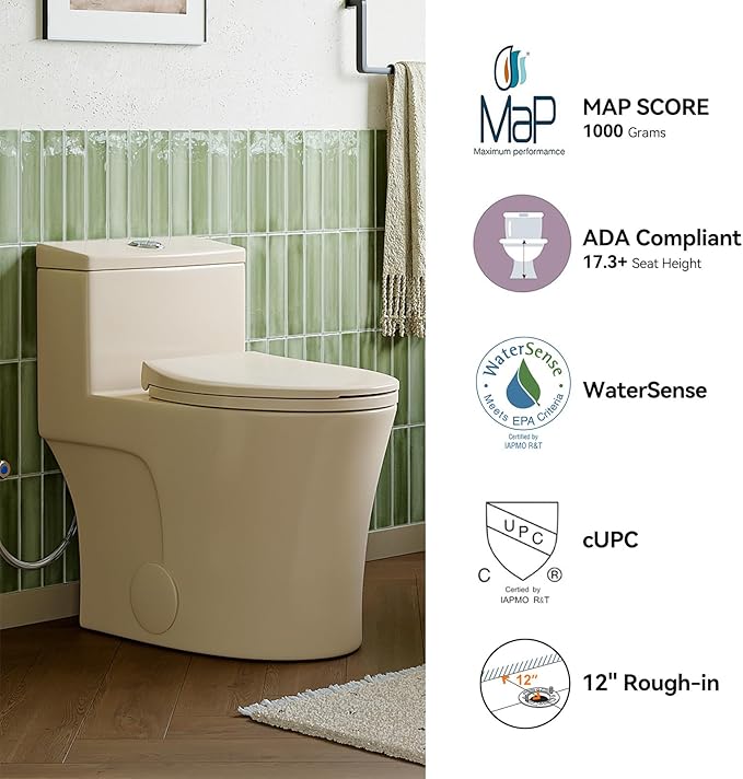 HOROW T0338WBC Elongated One Piece Toilet Bisque, ADA Toilet 17.3" with Comfortable Chair Height Seat, Modern Toilet for Bathroom, Dual Flush 0.8/1.28 GPF, 12" Rough-in Toilet Bowl Bisque