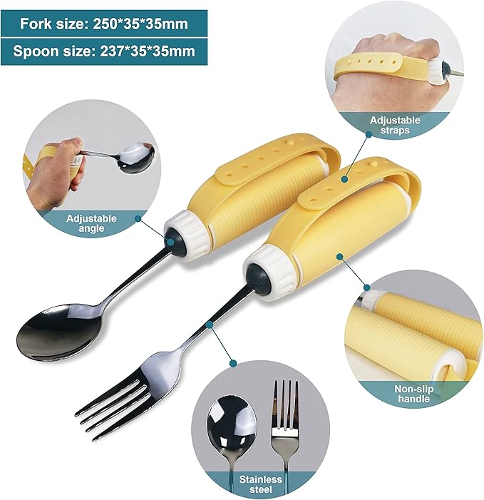 Adaptive Utensils Spoons Forks Set Weighted, Non-Slip Handles & rubber strap, for Hand Tremors & Muscle Weakness, Arthritis, Parkinson’s, Elderly; Dishwasher Safe,Stainless Steel