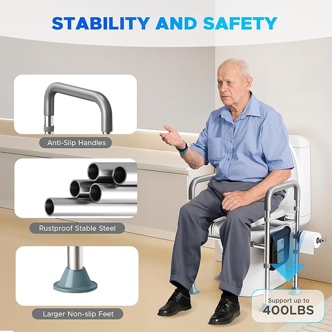 Raised Toilet Seat with Bedside Commode Function - 400LB Capacity, Adjustable Height & Width, Padded Armrests & Paper Holder, Silver | Stand Alone Commode Chair for Seniors & Disabled Adults