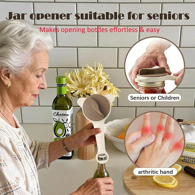 Jar Opener for Seniors, 4 in 1 Multi-Purpose Jar Opener, Adjustable Stainless Steel Lid Remover for Seniors & Arthritis Sufferers, Fits Kitchen Jars, Bottles &Cans, Home Kitchen Helper