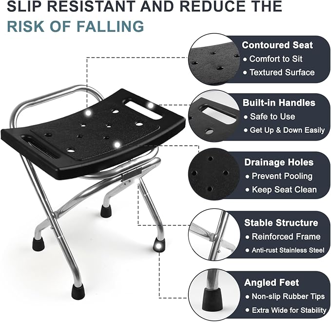 Shower Chair Seat, Stainless Shower Chair for Folding, Safety Anti-Slip Shower Bath Chairs for Seniors/Disabled by