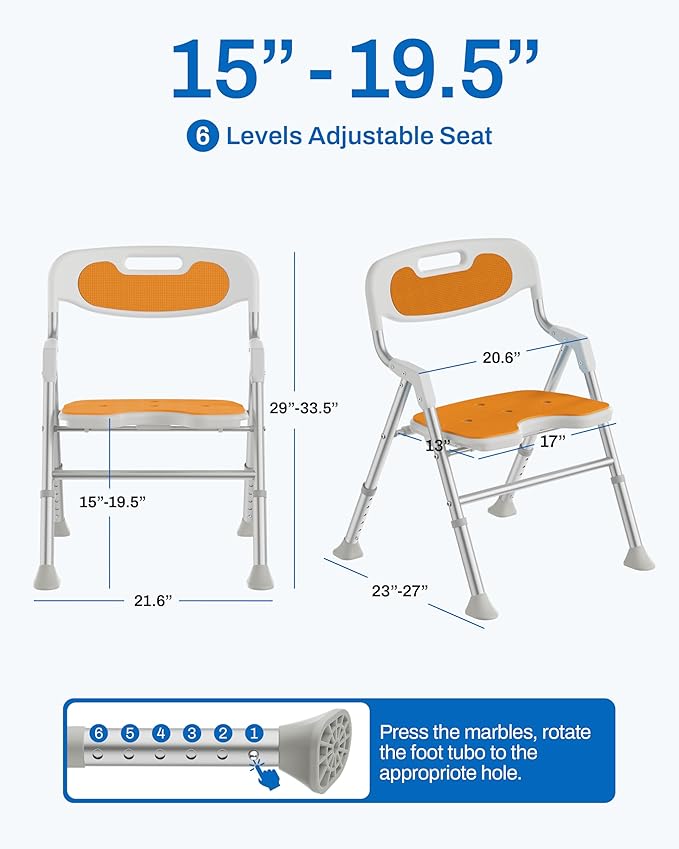 Folding Shower Chair with Arms and Back for Elderly & Disabled, 400 LBS Heavy Duty Foldable Bath Seat for Inside Shower, Tool-Free Assembly Portable Shower Stool with U-Shape Cutout Seat(Orange)