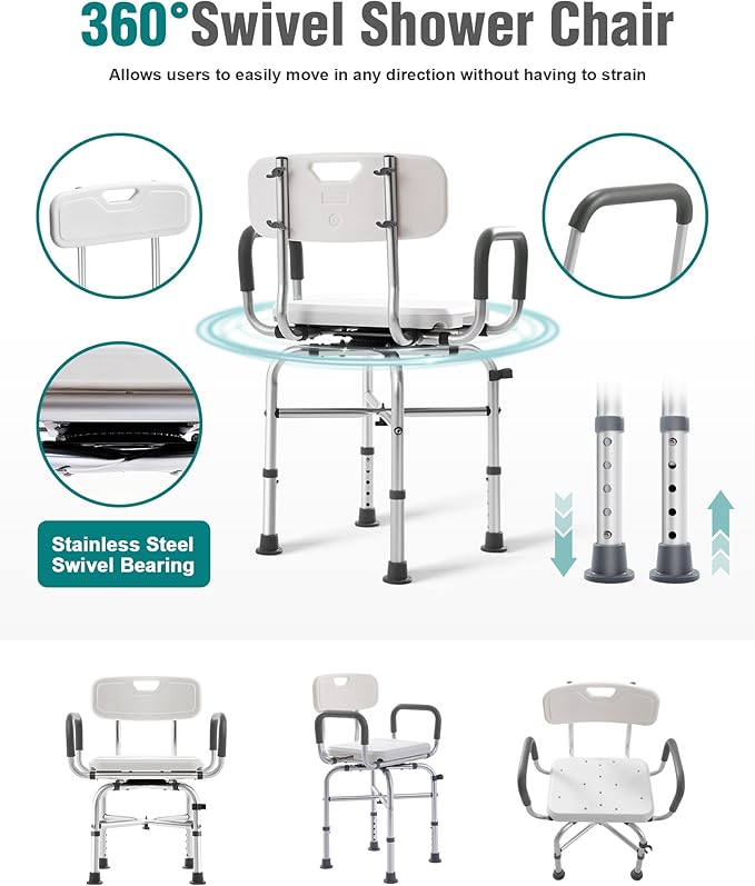 Lamberia Shower Chair for Inside Shower with Arms and Back, 500lbs Heavy Duty 360° Swivel Bathtub Seats, Height Adjustable Safety Bath Seat for Elderly, Adults, Handicap and Disabled(Arms and Back)