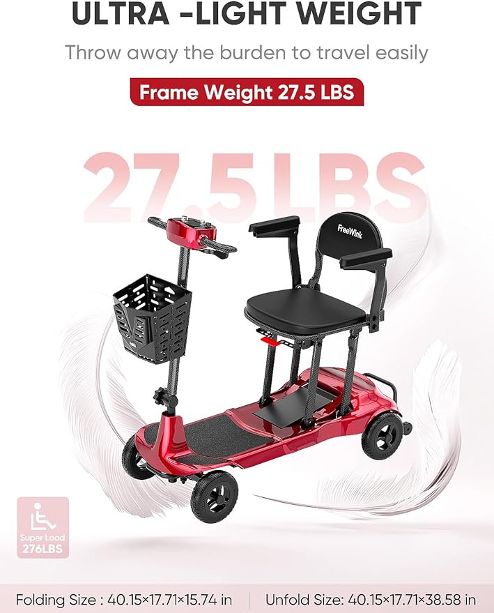 Mobility Scooters for Adults & Seniors - Ultra Lightweight 27.5 lbs Carbon Fiber Folding Electric Scooter - Airlines Approved All-Terrain Portable Scooter with Basket and Charger Included-Red