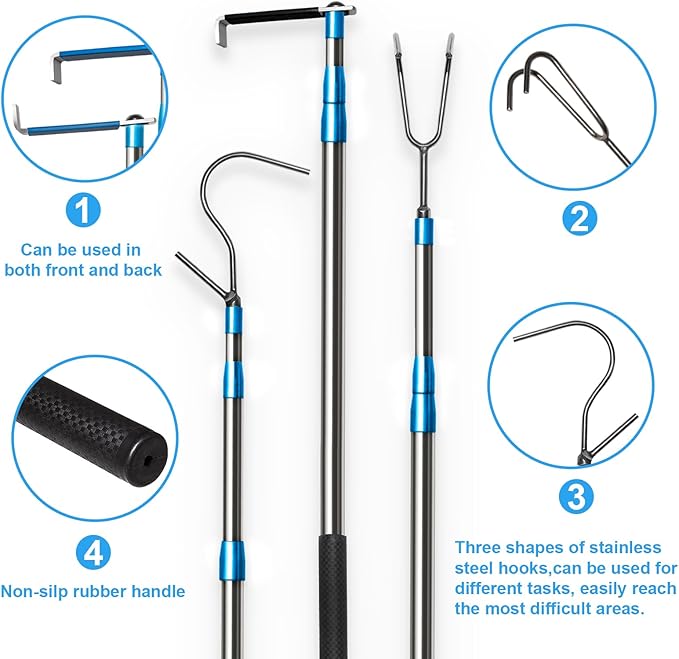 Truck Cargo Grabber - 6.3 Ft Heavy Duty Truck Bed Grabber Tool Telescoping Pole with 3 Hooks, Reach Retriever Tool for Pickup Trucks Bed, Accessories, and More (Blue), Gift Ideas