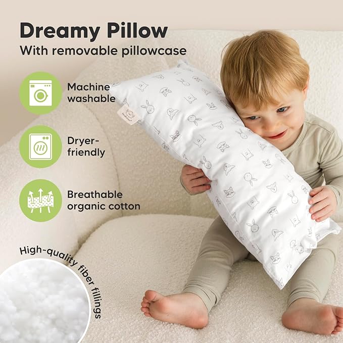 Toddler Pillow with Pillowcase - 10x18 My Little Dreamy Kids Travel Bed Pillows for Sleeping, Organic Cotton Small Pillowcase, Soft & Breathable, Machine Washable, Toddlers 2-5 years old (KeaDoodles)