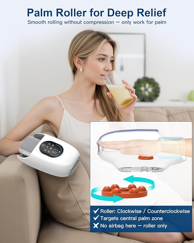Hand Massager with Heat and Compression : Full Hand and Wrist Comfort Massage - 6 Modes & 6 Intensity with Touchscreen Control - for Daily Relaxation