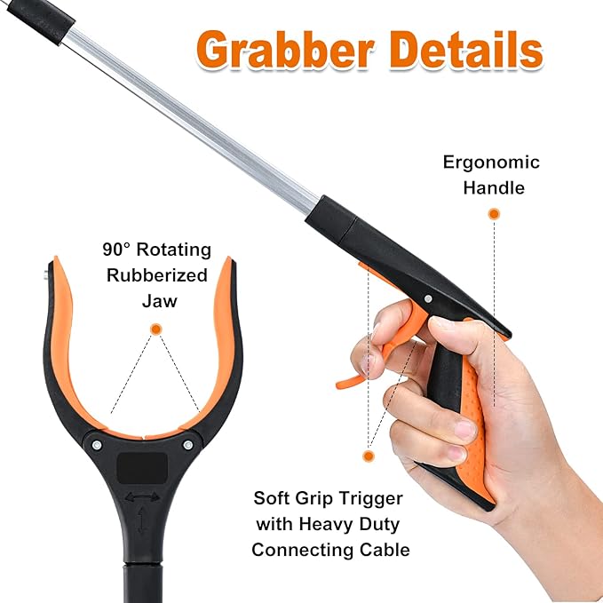2-Pack Grabber Reacher Tool,32 Inch Extra Long Foldable Pick Up Stick with Strong Grip Magnetic,360°Rotating Anti-Slip Jaw,Trash Claw Grabber Tool,Trash Picker Tool for Outdoor & Indoor (Orange)