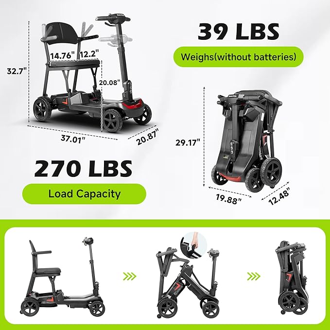 SCOOTNGO Mobility Scooters for Seniors, 4 Wheel Foldable Lightweight Airline Approved Mobility Scooter for Adults, Dual Batteries, Portable, No Assembly Needed (Black Red, with Folding Trailer)