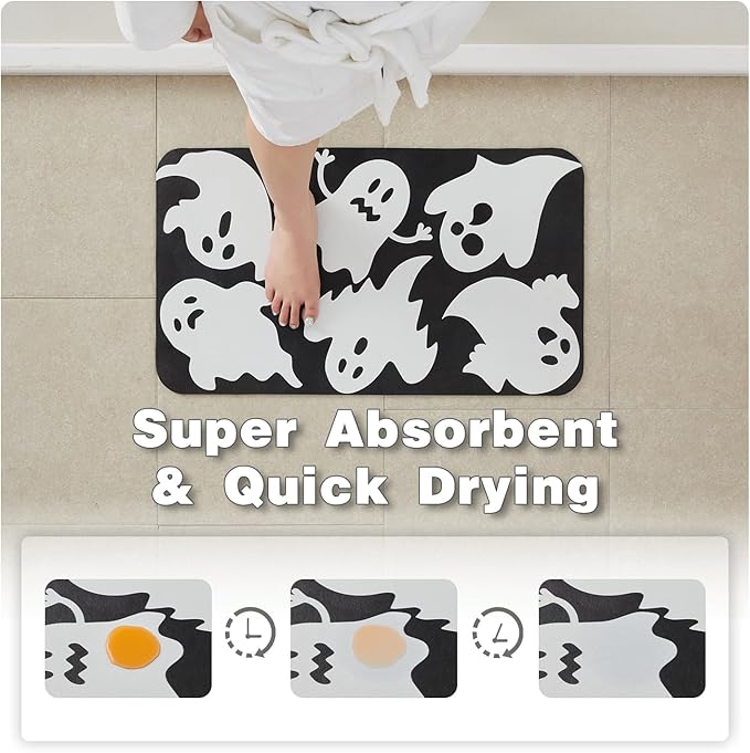 TYUU Halloween Bath Mat, Thin Halloween Bathroom Rug Non Slip Quick Dry Ghost Bath Mat Fits Under Door Thin Floor Mat Halloween Decor, 17''x30'', Ghosts Black