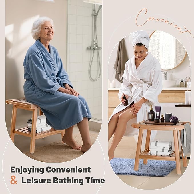 Bamboo Shower Bench for Inside Shower to Sit on,Waterproof Shower Stool for Shaving Legs,Spa Bathroom Shower Chair with Storage Shelf, Bathroom Bench Seat for Senior Adult Disabled Elderly
