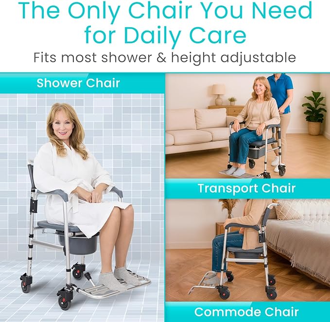 Vive Commode Shower Chair with Wheels - 3-in-1 Bathroom & Bedside Wheelchair for Seniors, Adults, Elderly, Disabled, Handicap - Rolling Toilet Transfer Seat w/Arms, Footrest, & Removable Bucket