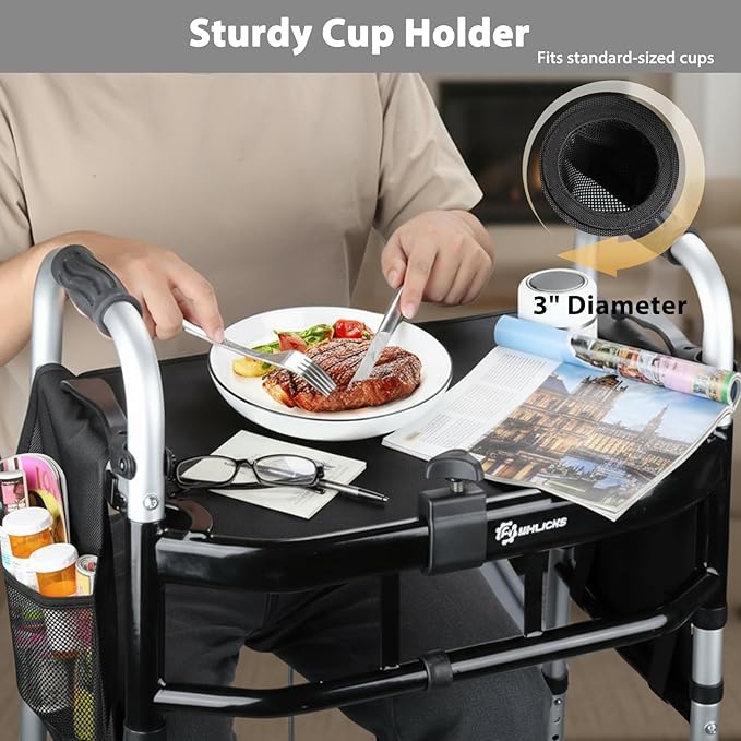 Folding Walker with Tray, 5" Wheels Lightweight Walkers for Seniors and Adults, Supports Up to 350 Pounds, Adjustable Height, Compact Standard Walker, Black
