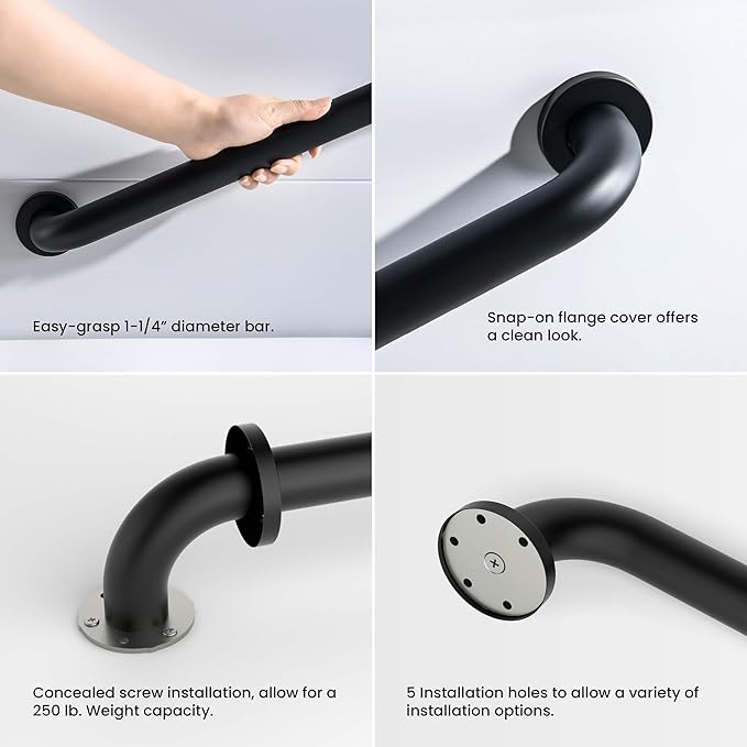 KIBI 36 Inch Stainless Steel Bathroom Safety Grab Bar | Curved Shaped Grab Bar for Bathtubs and Showers, Shower Safety Grab Bars for Seniors, Wall Mounted Anti-Slip Support (Matte Black, KGB1036)