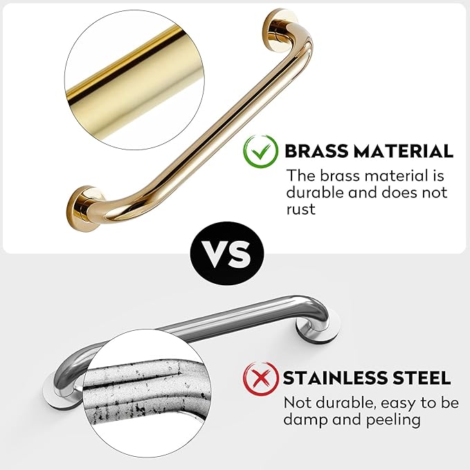 WINCASE Gold Grab Bars for Bathroom, Shower Handle 16 Inch, Bathtub Anti Slip Handrail Safety Polished Brass Wall Mounted with Concealed Screws