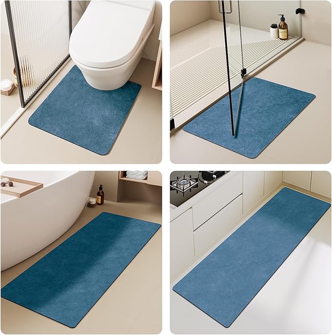 TYUU Bathroom Mat Quick Dry, Bathroom Rugs Non Slip Washable Thin Absorbent Bath Mat Fits Under Door Bathroom Floor Mat Perfect for Bath, Shower, or Sink 17"x59" Denim Blue