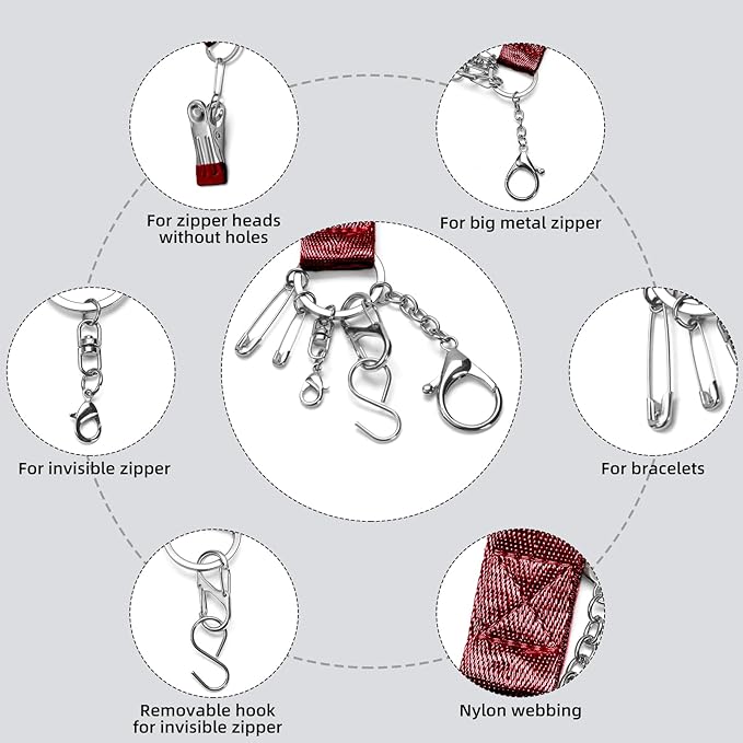 Lenporl Zipper Helper Pull for Dresses with 5 Hooks and Reinforced Design Zipper Helper with Detachable Clip Includes Bonus Metal Chain for Seniors and Pregnant Women (Claret)