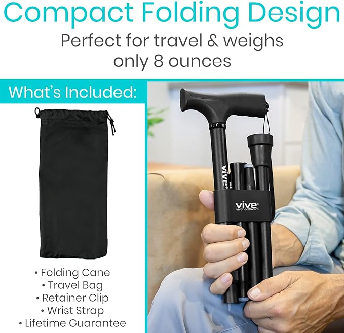 Vive Folding Cane - Foldable Walking Cane for Men, Women - Fold-up, Collapsible, Lightweight, Adjustable, Portable Hand Walking Stick - Balancing Mobility Aid - Sleek, Comfortable