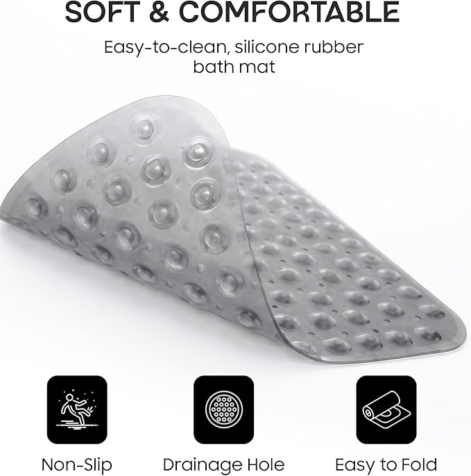 ADOV Corner Shower Mat Non Slip, 21x21 inch Curved Shower Mats for Inside Shower, Anti-Slip Bath Mat with Strong Suction Cup, Drain Holes, Machine Washable, Ideal for the Elderly (Grey)