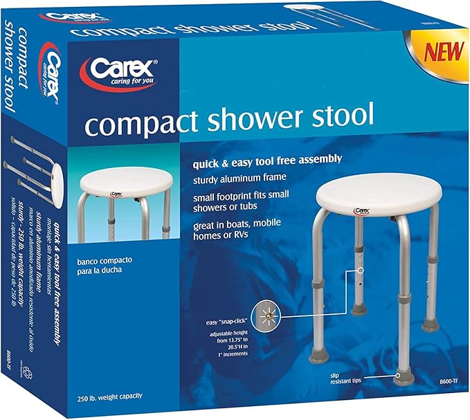 Carex Compact Shower Stool - Adjustable Height Bath Stool and Shower Seat - Aluminum Bath Seat that Supports 250lbs