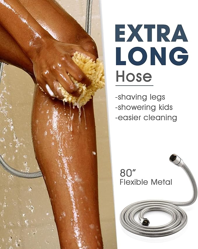 Handheld Shower Head with 6.56ft Extra Long Hose, On Off Switch 8-Seting High Preesure Hand Held Showerhead, Low-Reach Adhesive Holder for Kid, Disable& Elder (Brushed Nickel)
