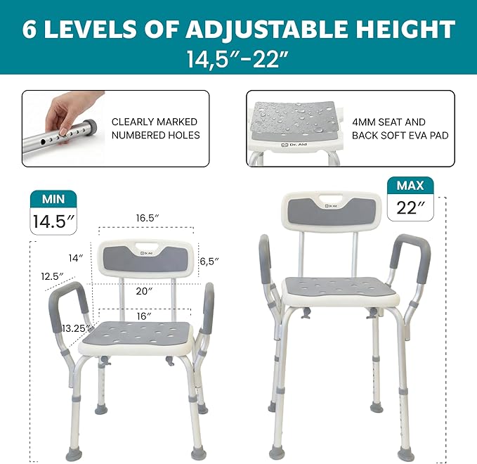 Dr. Aid Shower Chair for Inside Shower - 400 lbs, 6-Height Adjustable Shower Bench with Arms & Back for Adults, Seniors & Disabled - Tool-Free Assembly, Anti-Slip Bathroom Seat for Tub & Small Showers