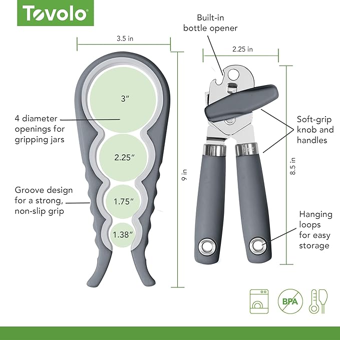 Tovolo Can and Jar Opener Set Manual Handheld Kitchen Tool with Comfort Grip Handles, Easy to Use Stainless Steel Jar and Smooth Edge Can Opener with Built In Bottle Cap Lifter, Charcoal Gray