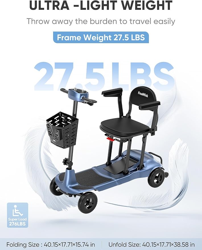 Mobility Scooters for Adults & Seniors - Ultra Lightweight 27.5 lbs Carbon Fiber Folding Electric Scooter - Airlines Approved All-Terrain Portable Scooter with Basket and Charger Included-Blue