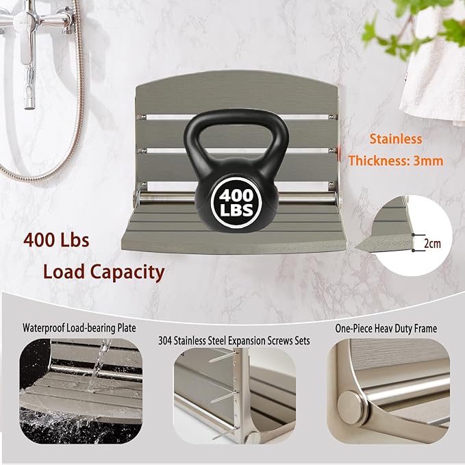 17.5" Folding Shower Seat Wall Mounted,Foldable Shower Bench,Fold Down Shower Seat,Folding Shower Seat Bench,Wall Mount Shower Seat Bench Chair (Grey)