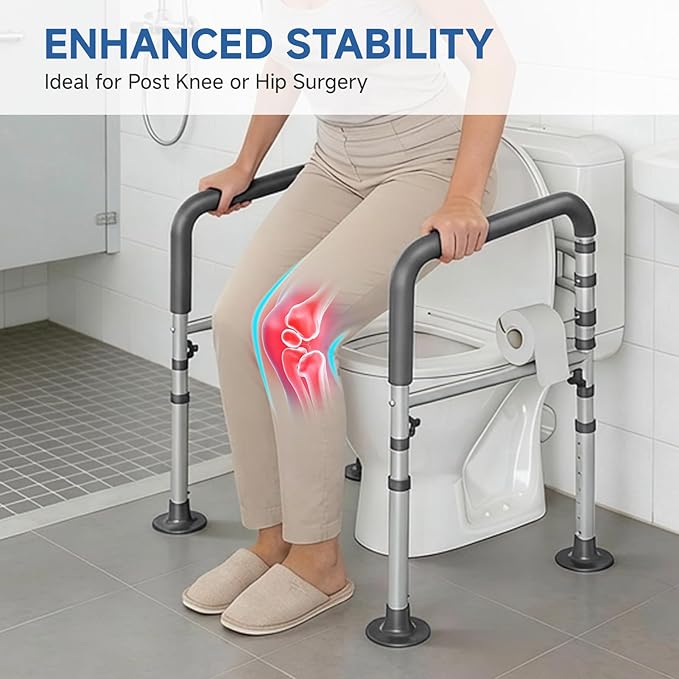 Loyoda Steel Toilet Safety Rail for Seniors- Heavy-Duty 11.7lbs for Stability & Support, Adjustable and Foldable Toilet handrail for Elderly and Disabled （Gray）