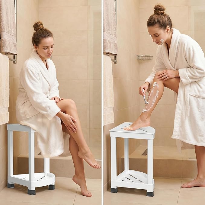 GallopFun Corner Shower Stool for Inside Shower, Waterproof Shower Bench for Shaving Legs, Plastic Anti-Fracture Shower Seat/Foot Rest with Baffle Storage Shelf, Rapid Assembly DIY Shelf (White)