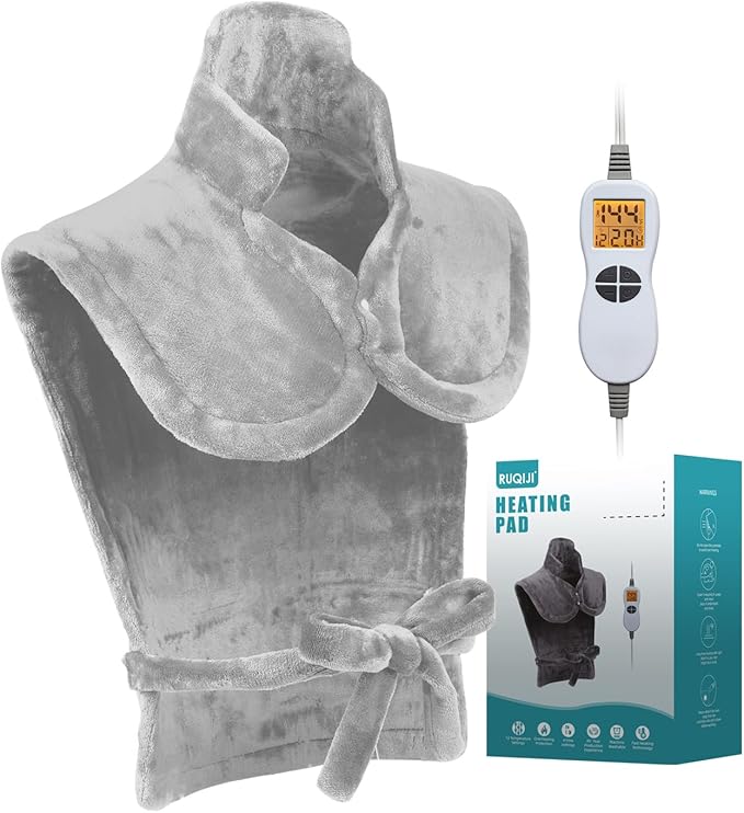 26" x 35" Flannel Neck&Shoulder&Back Heating Pad with 12 Temperature Settings&Countdown timer, Pain Relief for Back/Neck/Shoulders/Menstrual Pain, Christmas Gifts for Women Men Mom Dad(Light Grey)