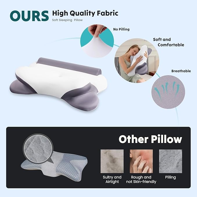 DUMOS Cervical Neck Pillow for Sleeping, Cooling Ergonomic Memory Foam Pillow with Arm Rest Slot and Ice Silk Pillowcase, Dual Height Orthopedic Support Contour for Side, Back, Stomach Sleepers