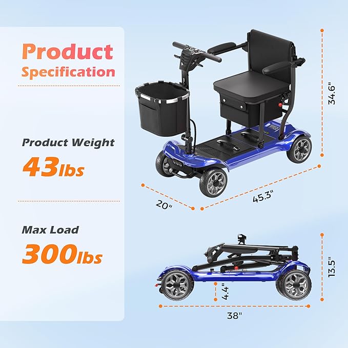 Lightweight Mobility Scooter for Adults & Seniors - Cruise & Airport Approved, 43lb Foldable Portable Motorized Scooters with Dual Lithium Batteries for 24.8 Miles Travel, 300lb Capacity, Blue