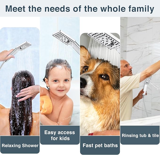 BRIGHT SHOWERS High Pressure Handheld Shower Head Set, High Flow Hand Held Showerhead with 60" Long Stainless Steel Hose and Adjustable Wall Bracket, 3 Spray Setting Shower Wand, Chrome
